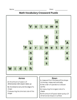 Preview of Math Vocabulary Crossword- Volume, Area, Perimeter, PEMDAS, etc.