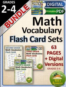 Preview of Math Vocabulary Flash Cards Bundle Grades 2-4 - Print and Digital Versions