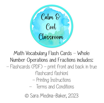Preview of Math Vocabulary Flash Cards - Whole Number Operations and Fractions
