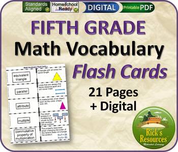 Preview of Math Vocabulary Flash Cards 5th Grade - Print and Digital Versions