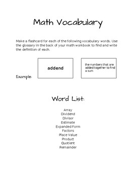 Preview of Math Vocabulary - PLACE VALUE,MULT,DIV - Instructions to create study note cards