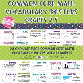 Preview of Math Vocabulary Posters (20 Half Pages) w/ example & definition: Unit 1