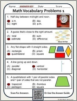 Math Vocabulary Activity Worksheets 2nd Grade by Rick's Resources