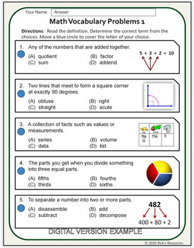 Math Vocabulary Activity Worksheets 4th Grade by Rick's Resources
