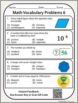 Math Vocabulary Worksheets 5th Grade - Print and Digital Versions