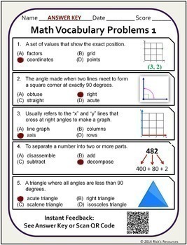Math Vocabulary Worksheets 5th Grade - Print and Digital Versions