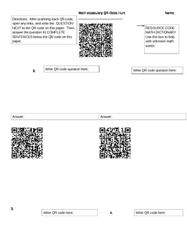 Preview of Math Vocabulary QR Code Scavenger Hunt Activity Game