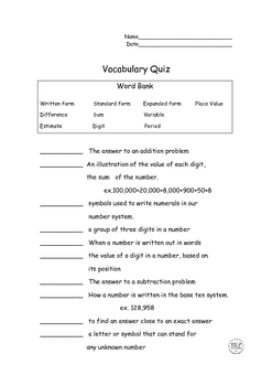 exercises grade math 1 for Vocabulary Math by Quiz Dana  Teachers Teachers Pay  Eudy