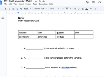 Preview of Math Vocabulary Quiz - Algebra - Modified - Special Ed. - Resource