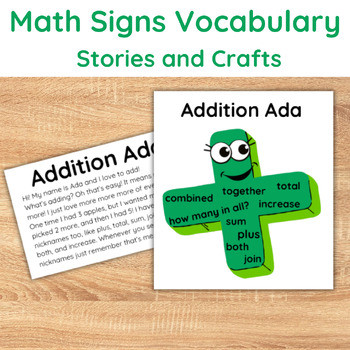 Preview of Math Vocabulary Stories and Crafts | Add, Minus, Equal, Greater and Lesser Than