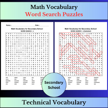 Preview of Math Vocabulary Terms | Word Search Puzzles Activities | Secondary school