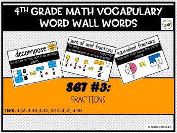 Preview of Math Vocabulary Word Wall Cards 4th Grade TEKS aligned SET #3 - Fractions