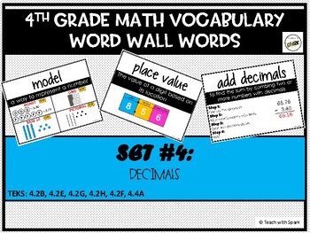 Preview of Math Vocabulary Word Wall Cards 4th Grade TEKS aligned Set #4 - Decimals