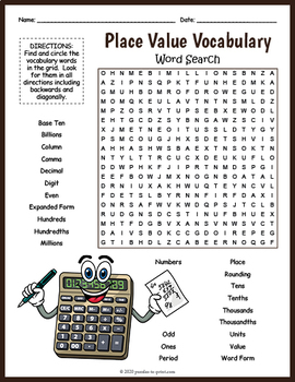 math vocabulary worksheet place value word search fun by puzzles to print