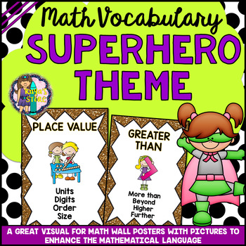 Preview of Math Wall Vocabulary Posters Superhero Theme (Math Center Mathematical Language)