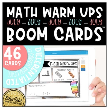 Preview of Math Warm Up July Boom Cards™ Digital Task Cards - Distance Learning