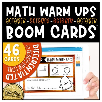 Preview of Math Warm Up October Boom Cards™ Digital Task Cards | Addition | Subtraction