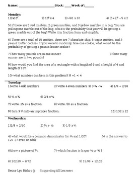 Preview of Math Warm-Ups, 4 days Middle School Math Intervention