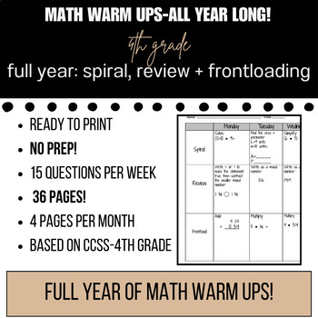 Preview of Math Warm Ups: Spiral, Review, Frontloading -FULL YEAR! 36 pages! Ready to print