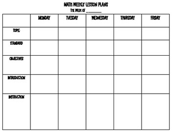 Preview of Math Weekly Lesson Plan Template
