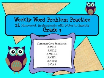 Preview of Math Weekly Word Problems Homework with Parent Note Grade 3 Weeks 1-12