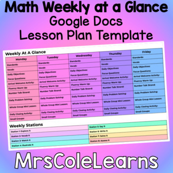 Preview of Math Weekly at a Glance Google Docs Lesson Plan Template
