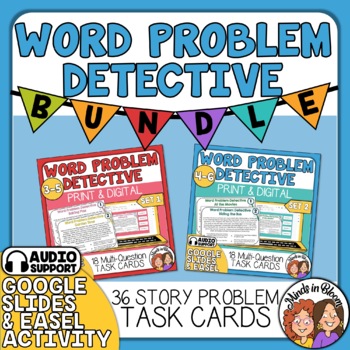Preview of Word Problems Detective Task Cards BUNDLE - Math Story Problems w/ Audio Support