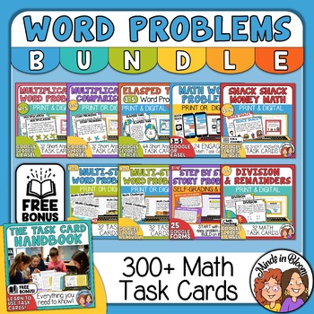 Preview of Word Problems Task Cards 9 Sets Math Story Problems Add Subtract Multiply Divide