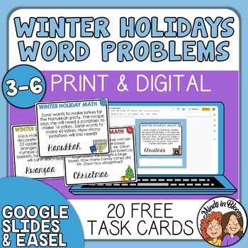 Preview of Math Word Problem Task Cards for Christmas, Hanukkah, and Kwanzaa! FREE