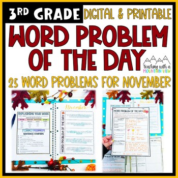 Preview of Math Word Problem of the Day | 3rd Grade NOVEMBER | Thanksgiving