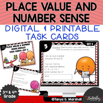 Preview of 4th Grade Place Value Word Problems | Number Sense Math Task Cards