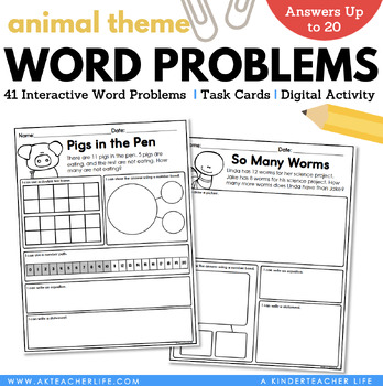 Preview of Addition & Subtraction Word Problems within 20 Animal Themed