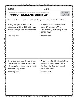 Math Word Problems Addition and Subtraction Within 20 1st Grade ...