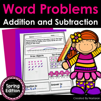 Preview of Math Word Problems Spring Addition and Subtraction Worksheets Within 20