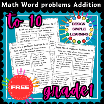 Preview of Math Word Problems in Addition to 10, Worksheets, Grade1