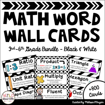 Preview of Math Word Wall 3rd-6th Grade BUNDLE - Editable - Black & White