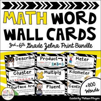 Preview of Math Word Wall 3rd-6th Grade BUNDLE - Editable - Zebra Print