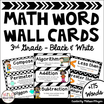 Preview of Math Word Wall 3rd Grade - Editable - Black & White