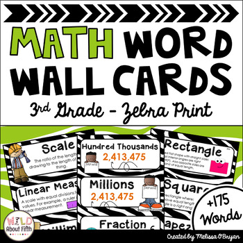 Preview of Math Word Wall 3rd Grade - Editable - Zebra Print