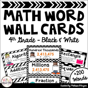 Preview of Math Word Wall 4th Grade - Editable - Black & White