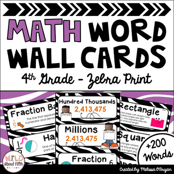 Preview of Math Word Wall 4th Grade - Editable - Zebra Print