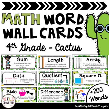 Preview of Math Word Wall 4th Grade - Editable - Cactus