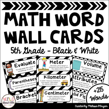 Preview of Math Word Wall 5th Grade - Editable - Black & White