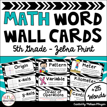 Preview of Math Word Wall 5th Grade - Editable - Zebra Print