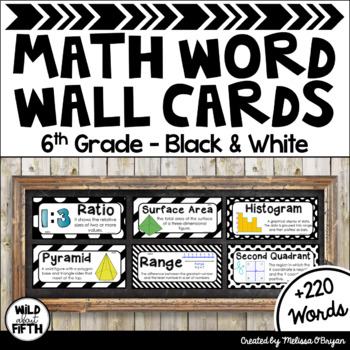 Preview of Math Word Wall 6th Grade - Editable - Black & White