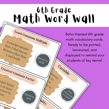 Preview of 6th Grade Math Word Wall Cards - Middle School Math