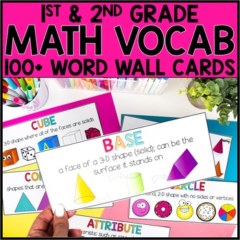 Preview of Math Word Wall Vocabulary Cards | 1st Grade & 2nd Grade
