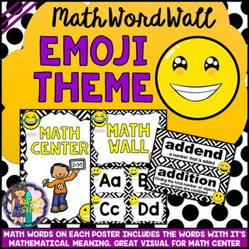 Preview of Math Vocabulary Cards A to Z (Math Word Wall) Emoji Classroom Theme