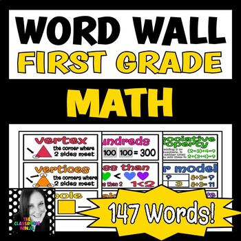Preview of Math Word Wall for First Grade ENTIRE YEAR 147 Words with Pictures in Color