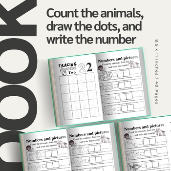 Preview of Math Workbook: Count the animals, draw the dots, write number / Canva Template